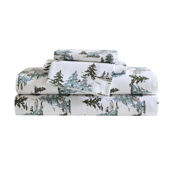 Eddie Bauer Snowy Pine Trees 3-Piece White/Green/Brown Flannel Twin Sheet Set