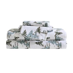 Snowy Pine Trees 4 Piece White/Green/Brown Flannel King Sheet Set