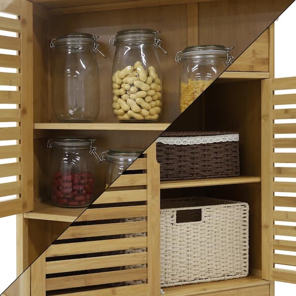 VEIKOUS Wood Color Natural Bamboo Kitchen Pantry Cabinet Storage with Buffet Cupboard and Microwave Stand, Light Wood
