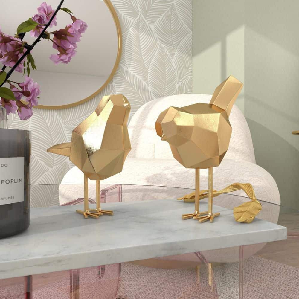Gold Faceted Resin Bird Sculpture Set, 7" and 8"