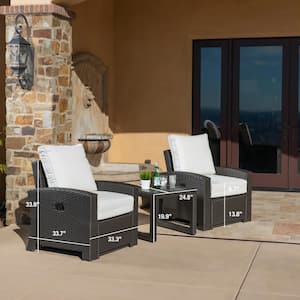 3-Piece Rattan Wicker Patio Conversation Set Sofa Recliner Lounge Chairs with Gray Cushions, Coffee Table for Garden