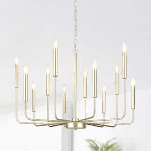 Modern 12-Light Large Imitation Copper Gold Linear Candlestick Chandelier Farmhouse Vintage Pendant Light