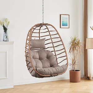 Yellow Wicker Patio Swing Hanging Egg Chair with Beige Cushion