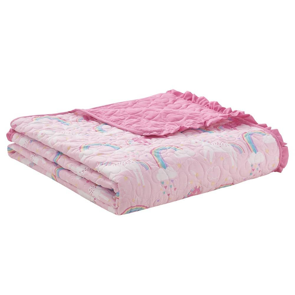 Pink Reversible Microfiber Twin Quilt Set with Unicorns