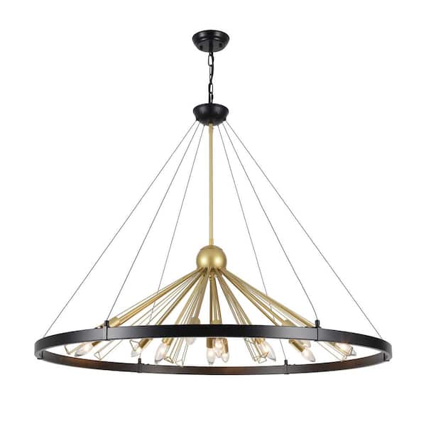 12-Light Black and Spray Gold Circle Candle Design Wagon Wheel Chandelier Sputnik Linear Chandelier for Dining Room