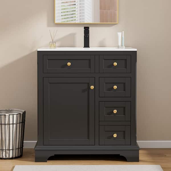eclife 30 in. W x 18.7 in. D x 34 in. H 1-Sink Freestanding Bath Vanity in Black With White Ceramic Top and Drain Faucet Set