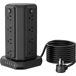 15 ft. Flat Plug Extension Cord, Surge Protector Power Strip Tower with 16 Outlets, 4 USB Ports - Black