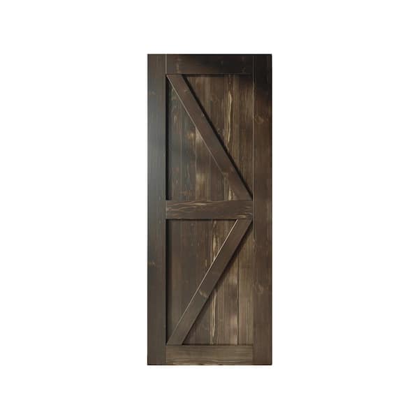 HOMACER 36 in. x 96 in. K-Frame Ebony Solid Natural Pine Wood Panel Interior Sliding Barn Door Slab with Frame