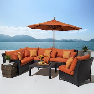 Deco 6-Piece All-Weather Wicker Patio Sectional Set with 10 ft. Umbrella and Sunbrella Tikka Orange Cushions
