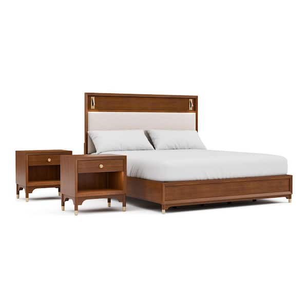 Forma 3-Piece Mid Century Walnut Wood Queen Platform Bedroom Set with 2 Nightstands