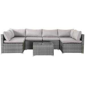 7-Piece Modern Rattan Wicker Garden Outdoor Sectional Set with Gray Cushions and Glass Table for Patio, Garden, Deck