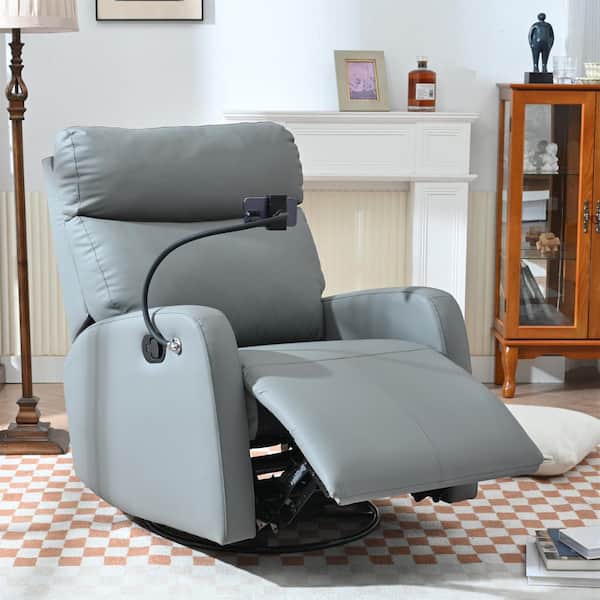 Merax Blue Gray 360° Swivel PU Manual Recliner Chair Nursery Rocking Chair with Phone Holder