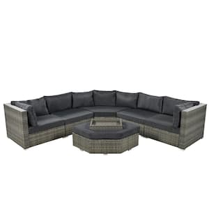 6-Piece Gray Wicker Outdoor Sectional Set with Ottoman and Gray Cushions and Small Trays