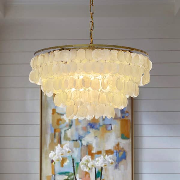 ALOA DECOR 19.7 in. 4-Light Antique Gold Coastal Capiz Farmhouse Tiered Chandelier with Seashell Accents