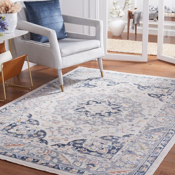 Linon Indoor Outdoor Washable Beck Polyester Area 7'x9' Rug in Ivory and  Blue
