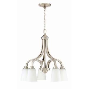 Grace 5-Light Brushed Nickel Finish with White Glass Transitional Chandelier for Kitchen/Dining/Foyer, No Bulbs Included