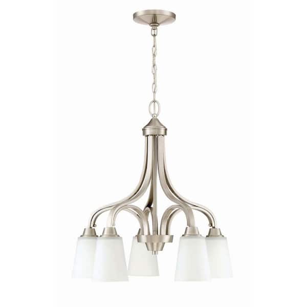 CRAFTMADE Grace 5-Light Brushed Nickel Finish with White Glass Transitional Chandelier for Kitchen/Dining/Foyer, No Bulbs Included