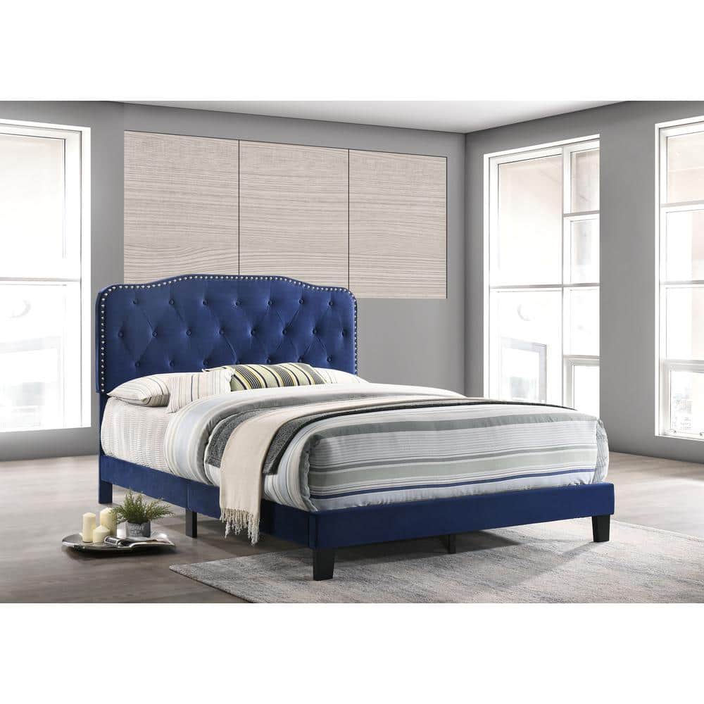 Navy Blue Velvet Queen Bed with Tufted Upholstered Headboard