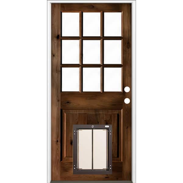 36 in. x 80 in. Left Hand 9-Lite Clear Glass Provincial Stained Wood Prehung Door with Large Dog Door