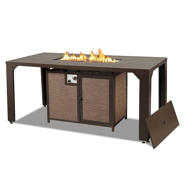 Unbranded Outdoor Fire Pit Dining Table 62.5 in. Aluminum Rectangular Propane Dining Patio Table with Firepit - Brown