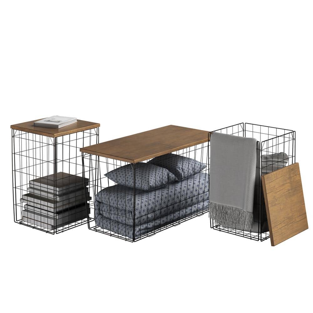 Brown Woodgrain and Black Metal Basket Storage Table Set