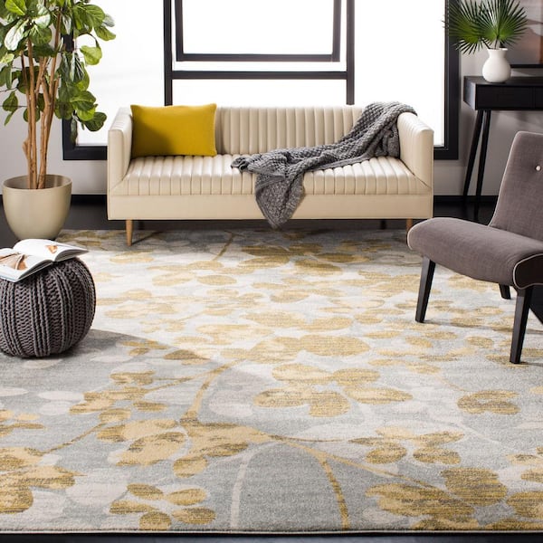 Evoke Gray/Gold 7 ft. x 7 ft. Square Floral Area Rug