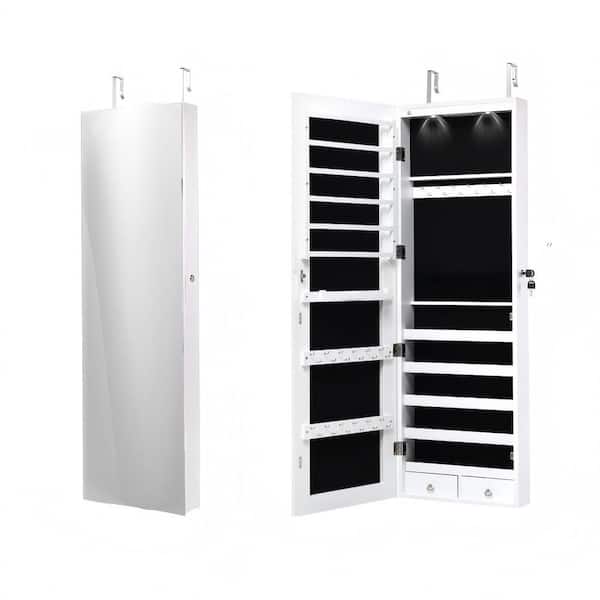Mecale 54.5 in. Rectangular White MDF Freestanding Jewelry Armoire Boxes Storage Organizer with Mirror