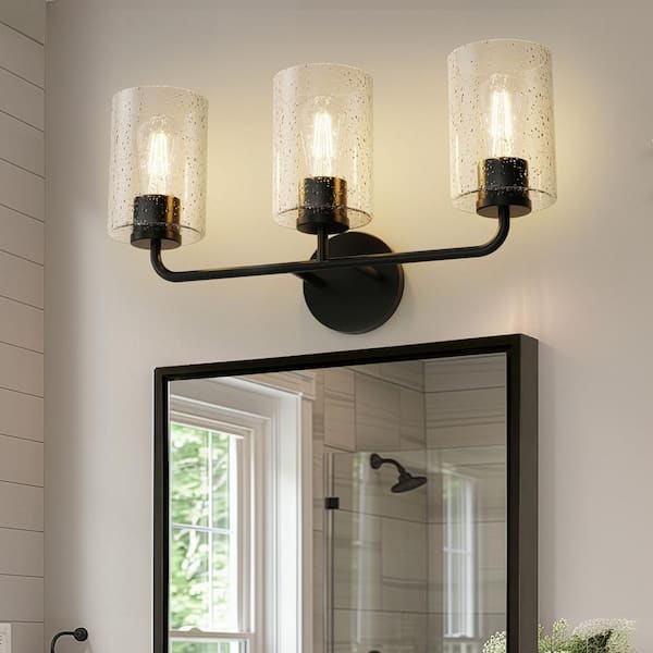 YANSUN 21 in. 3-Light Black Vanity Light with Cylinder Clear Glass Shades for Bathroom, Mirror, Living Room