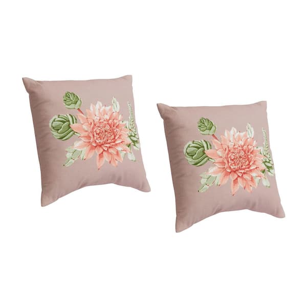 Hampton Bay 18 in. x 18 in. Outdoor Patio Throw Pillow in Floral Succulent  (Set of 2) 11630098