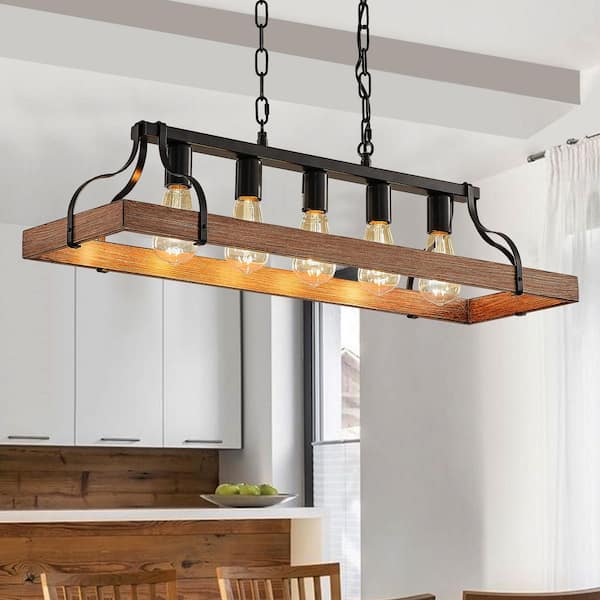Lasaideal 34 in. 5-Light Brown Kitchen Island Chandelier Modern Rectangular Dining Room Chandelier
