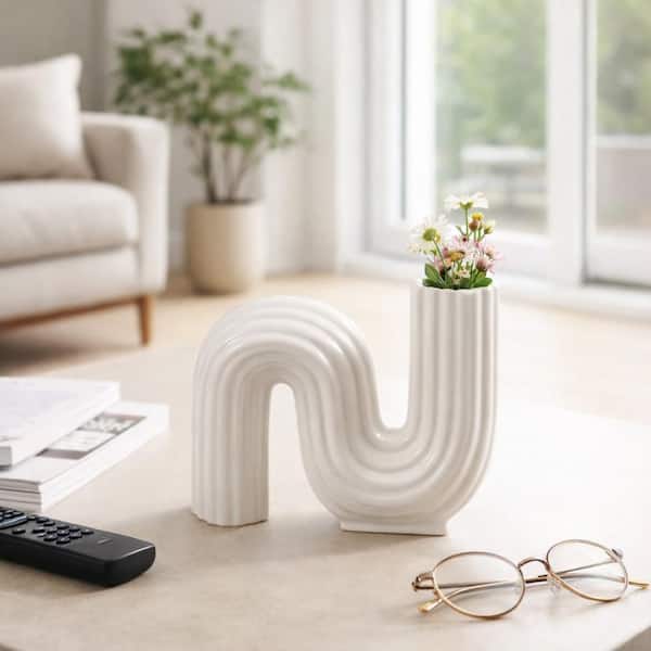 6 in. White Ceramic Round Ribbed Textured Loopy Decorative Vase
