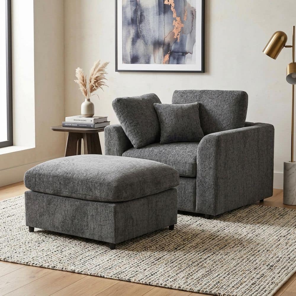 Modern Grey Chenille Upholstered Accent Chair Club Chair with Ottoman and Pillows price history on PriceWatchPro
