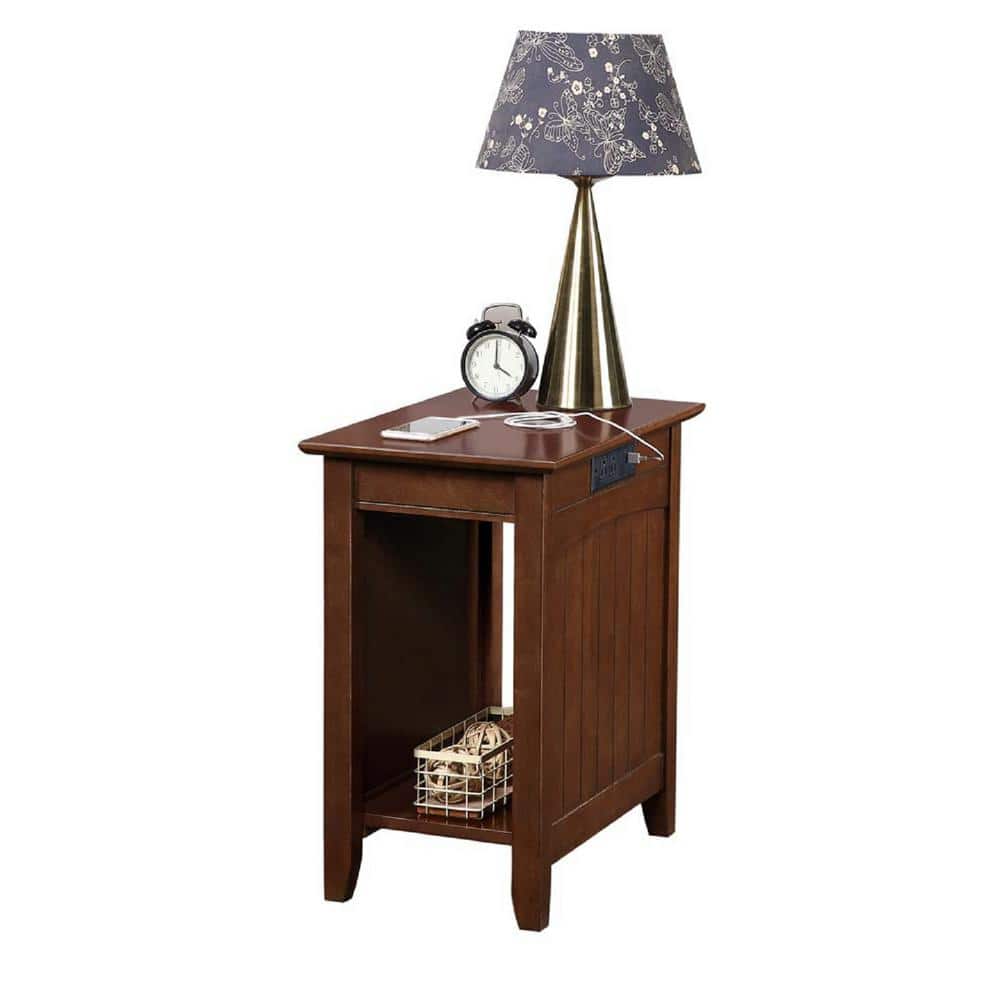 Espresso Wood Rectangular End Table with Charging Station