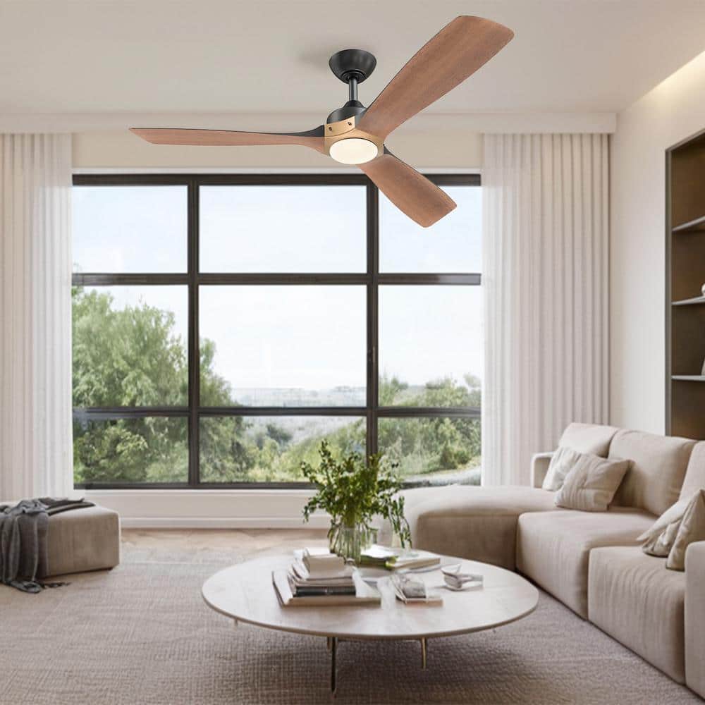 Matte Black and Distressed Koa 52" Ceiling Fan with LED Light and Remote