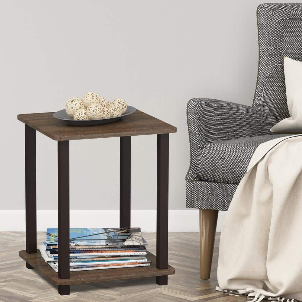 Walnut Brown Compact Wood End Tables with Shelf, Set of 2