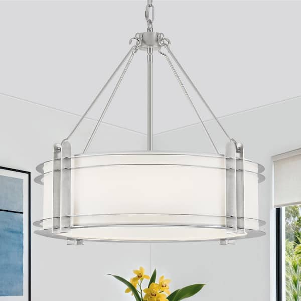 5-Light Nickel Drum Chandelier With Fabric Shape For Dining Room Bedroom Foyer