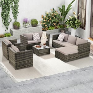 6-Piece Dark Gray Rattan Wicker Outdoor Patio Conversation Sectional Sofa with Beige Cushions