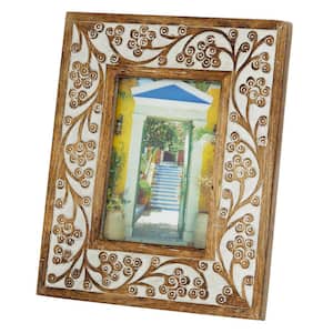 5 in. x 7 in. Rectangular Carved Wood Antique Floral Picture Frame with Whitewash Finish