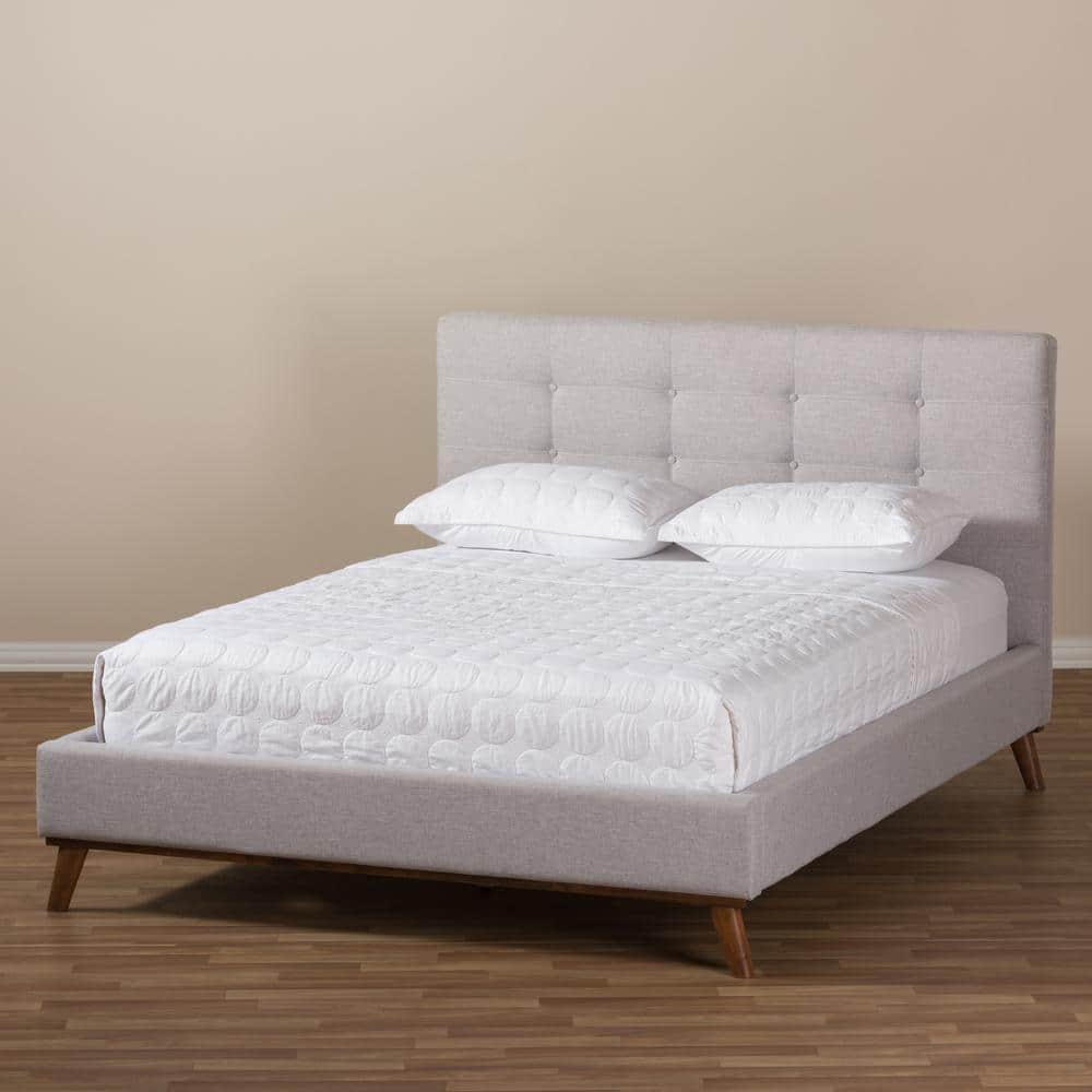 Valencia Queen-Sized Greyish Beige Tufted Upholstered Bed with Walnut Legs