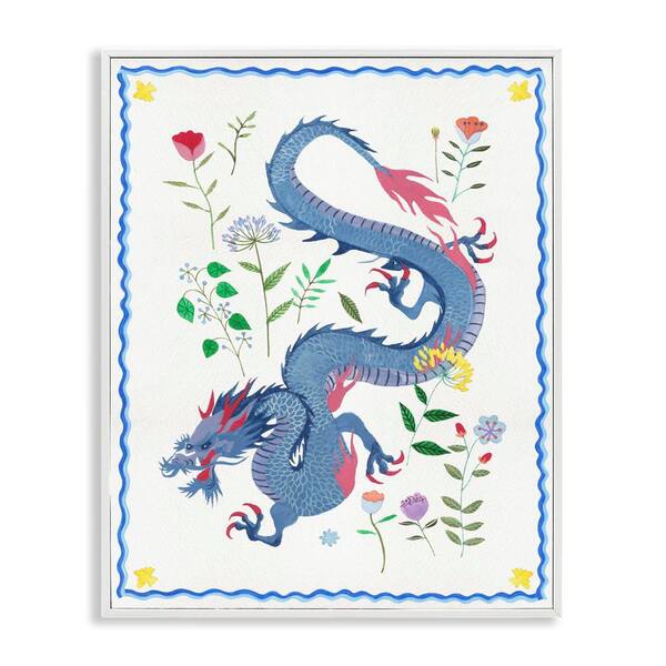 Stupell Industries Blue Dragon and Botanicals by Melissa Wang White Framed Fantasy Giclee Art Print 30 in. x 24 in.