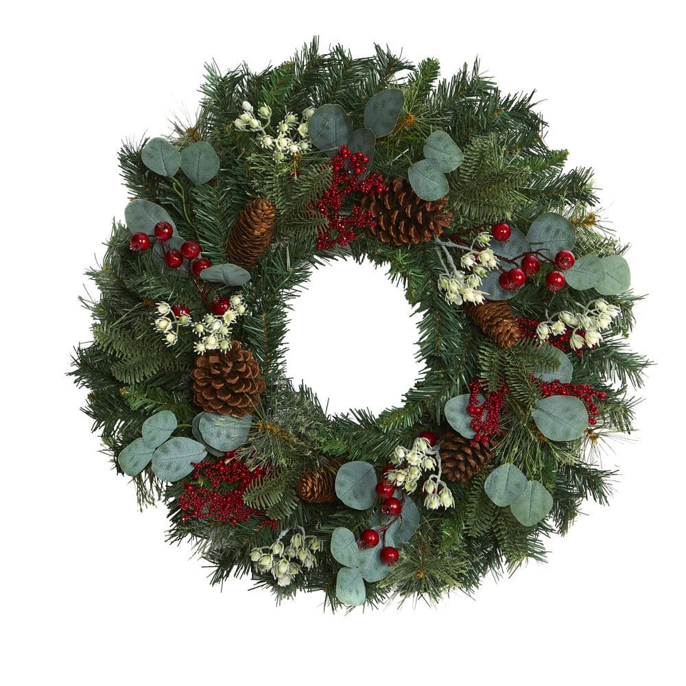 Nearly Natural 24 in. Eucalyptus and Pine Artificial Wreath with Berries and Pine Cones