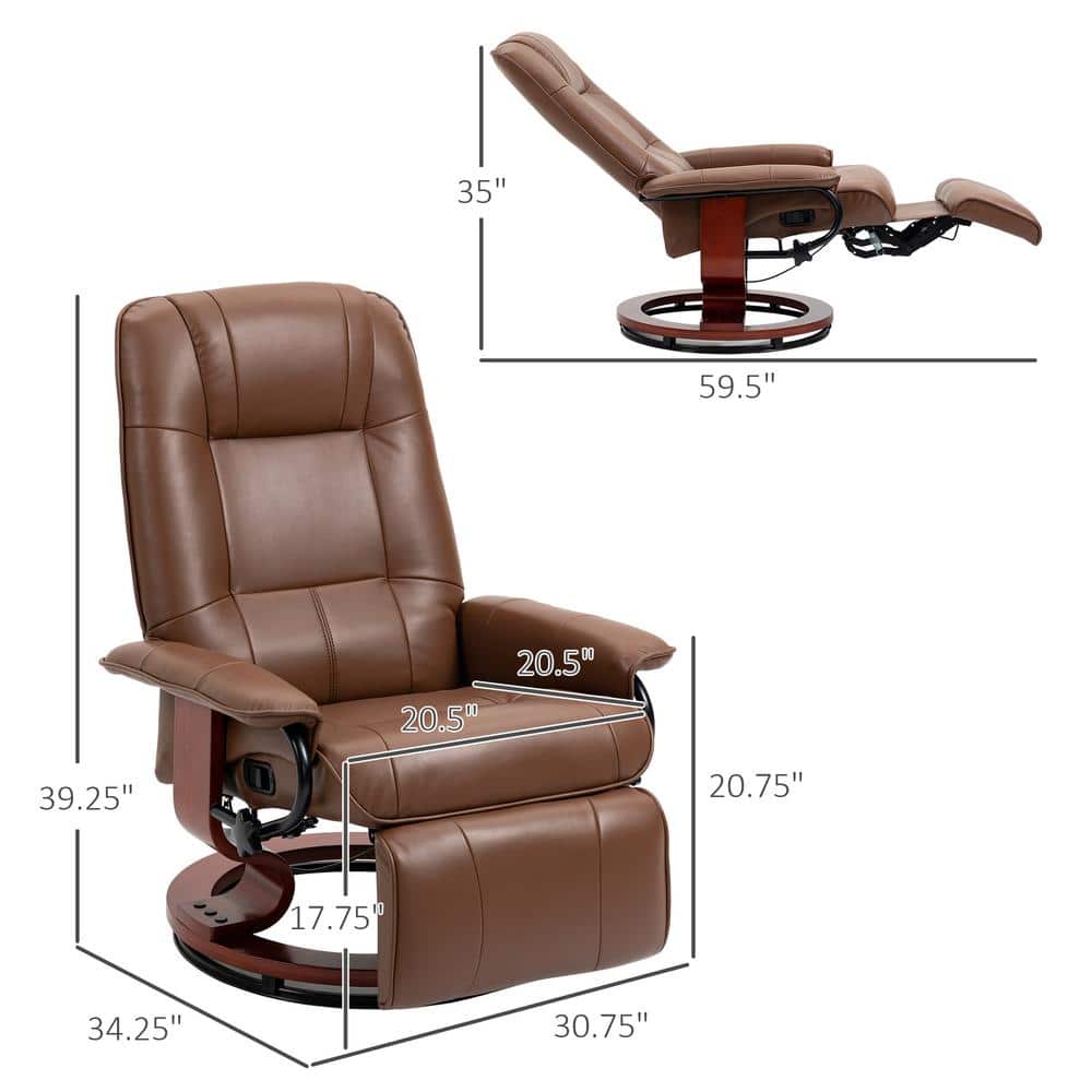 Brown Faux Leather Swivel Recliner with Wood Base