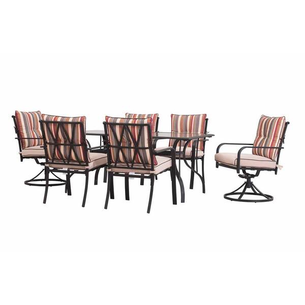 Sunjoy 7-Piece Black Metal Rectangle Outdoor Dining Set with Strip Cushion (2-Pack)