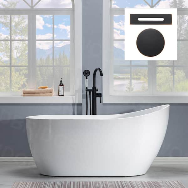 WOODBRIDGE Royan 59 in. Acrylic FlatBottom Single Slipper Bathtub with Oil Rubbed Bronze Overflow and Drain Included in White