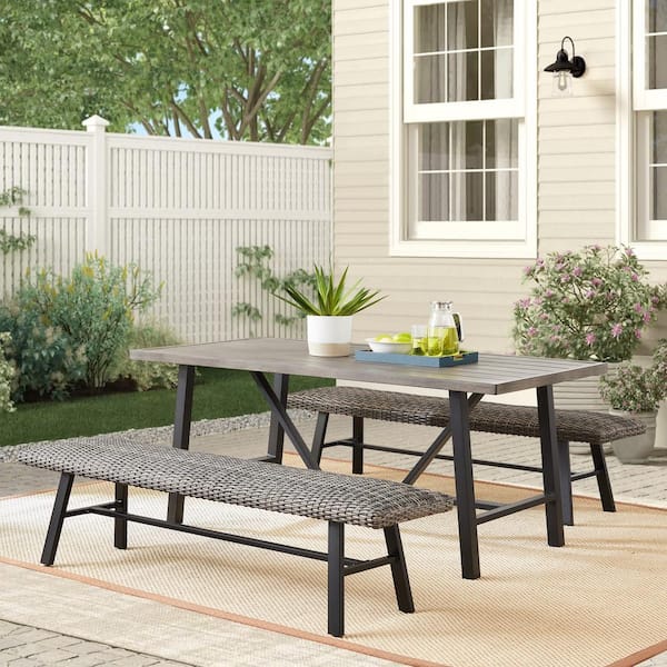 ULAX FURNITURE 3-Piece Metal Outdoor Dining Set with 2 Wicker Benches