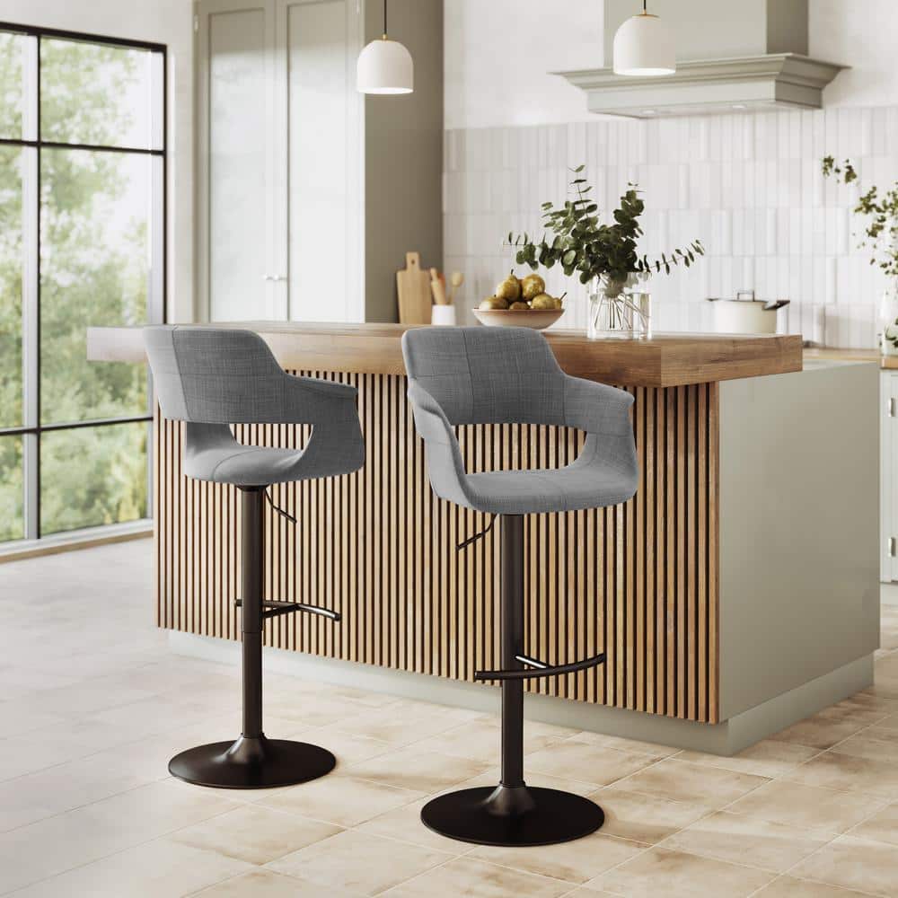 Set of 2 Adjustable Gray Fabric and Black Metal Swivel Barstools