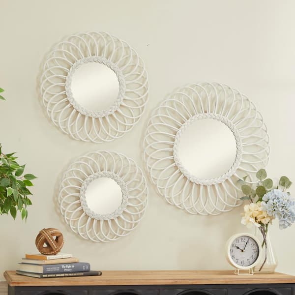 Litton Lane 24 in. x 24 in. Round Framed White Starburst Wall Mirror (Set of 3)