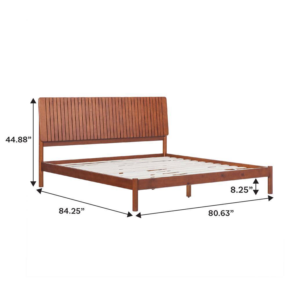 King Brown Pine Wood Upholstered Platform Bed with Slats