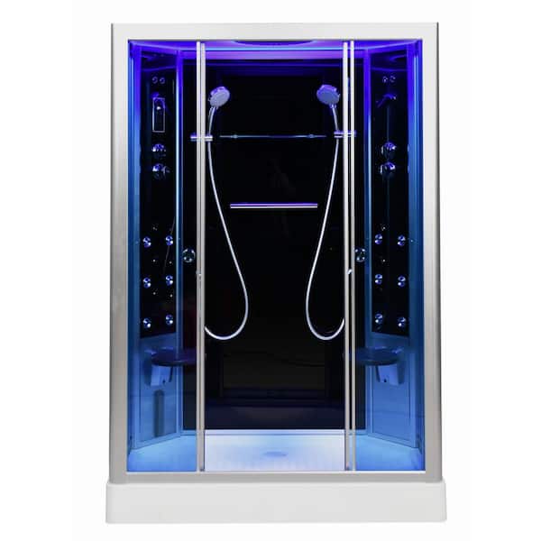 Platinum 59" W x 36" L x 90" Wall Height Steam Shower in Black with Blue Glass, Sliding Door, and 3 kW Steam Generator