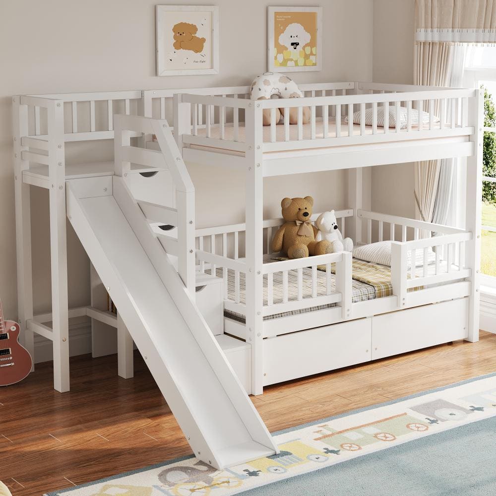 White Twin over Twin Bunk Bed with Storage Staircase, Slide and 2 Drawers price history on PriceWatchPro